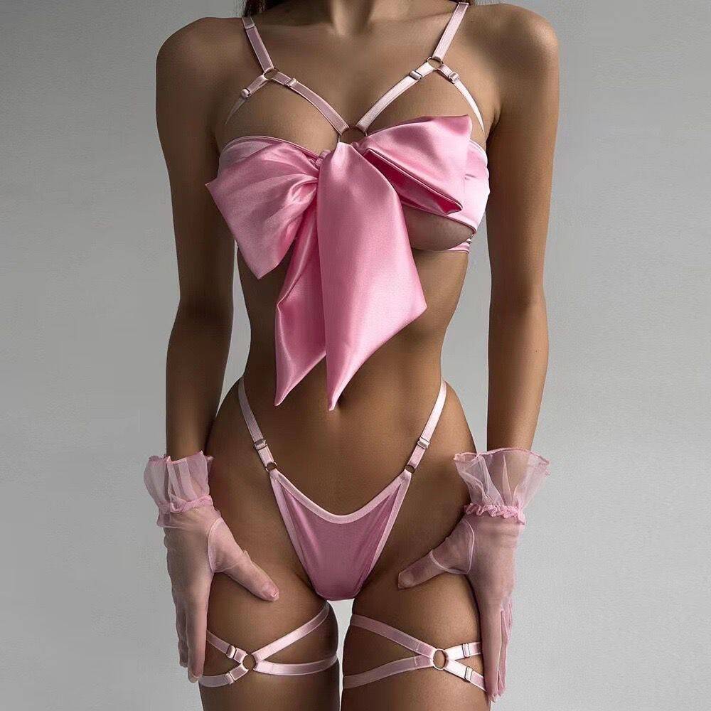Hollow Steel Bracket Sexy Bow Multicolor Lingerie Three-Piece Set